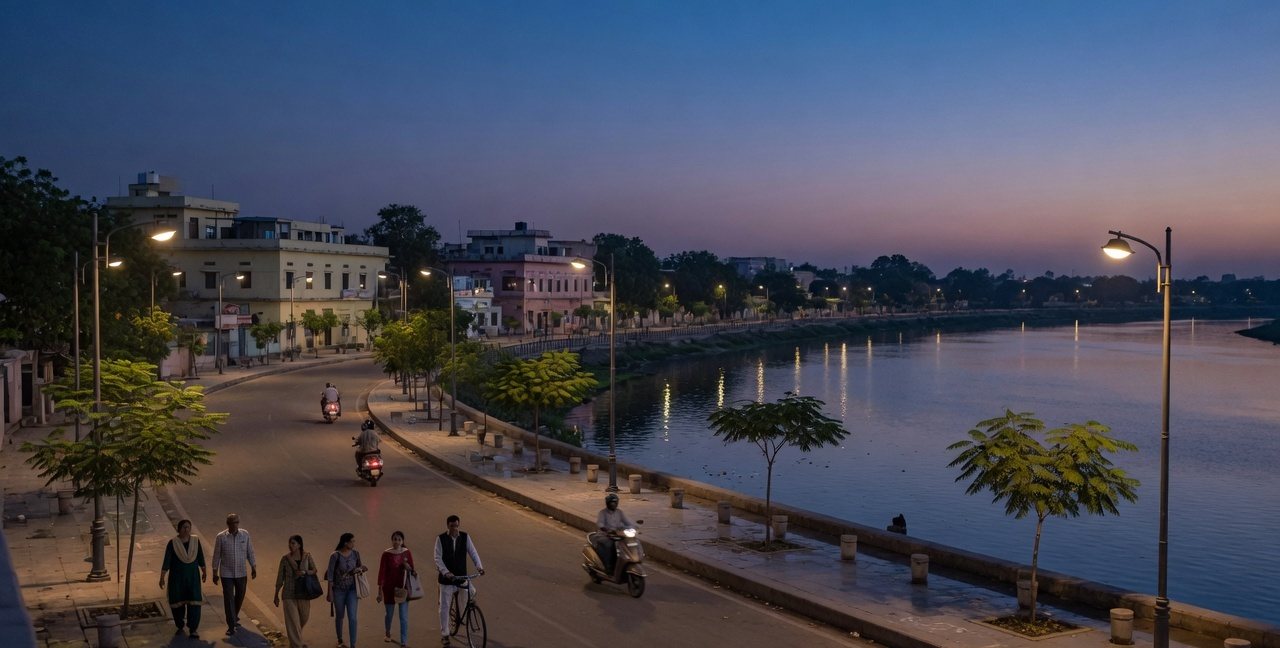 People walking a riverfront road at dusk in a North Indian city
