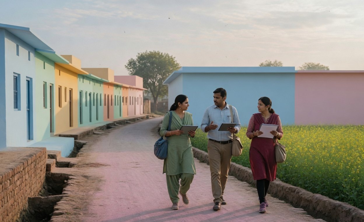 A field team with tablets walking a lane between village houses and a mustard field