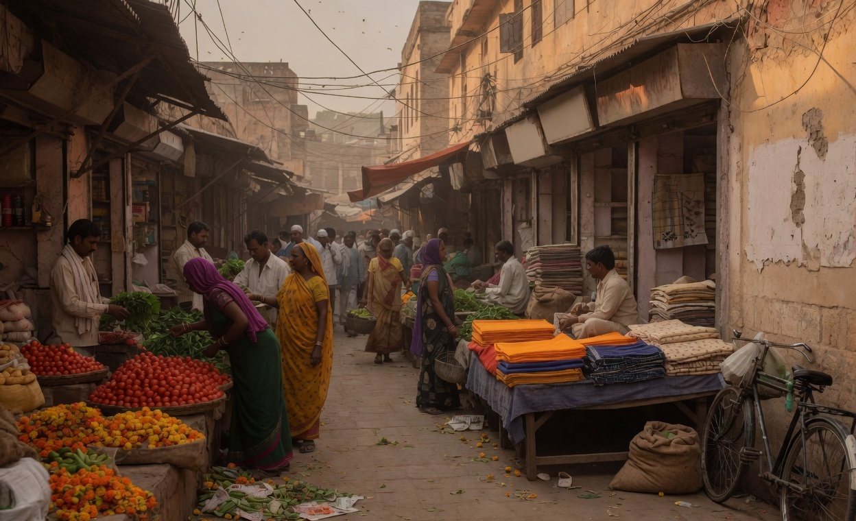 Shoppers and sellers in an Indian town market lane