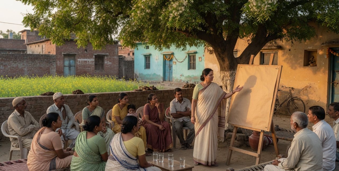 Adults gathered for a community meeting under a tree in an Indian village