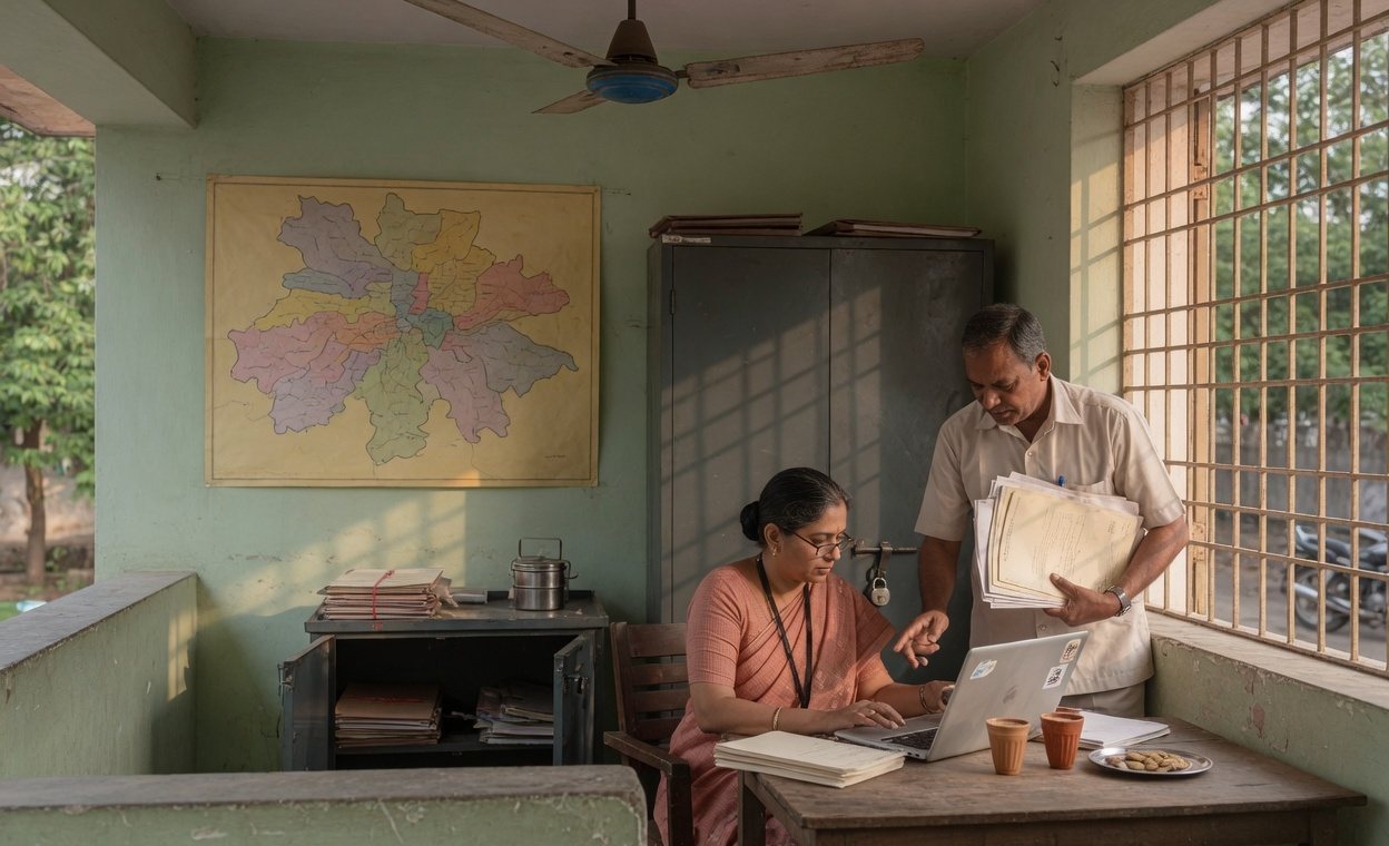 Two people reviewing papers and a laptop in a small Indian field office