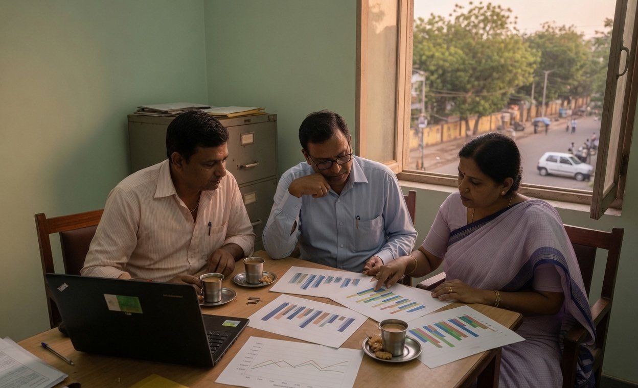 Three colleagues in an Indian office reviewing printed charts over tea