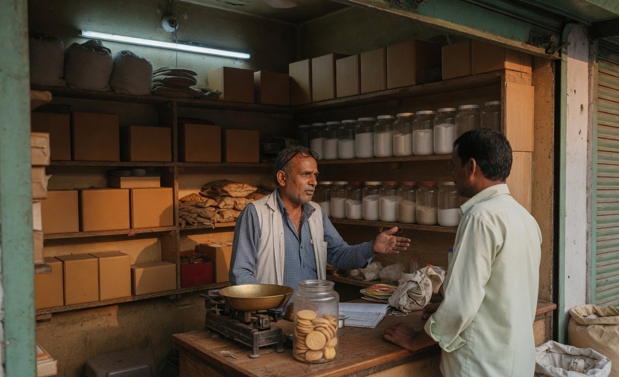 A shopkeeper speaking with a customer at the counter of an Indian neighbourhood shop