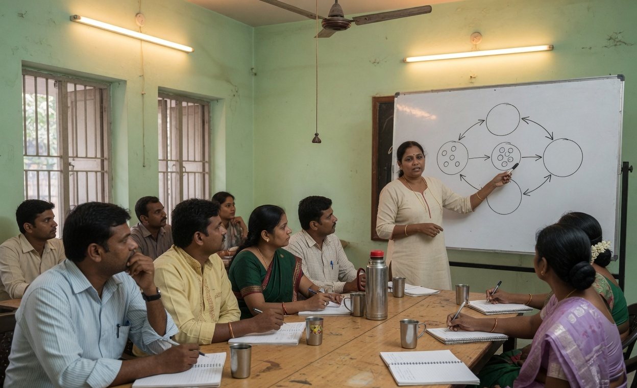 A trainer with a whiteboard and adults seated around a table in India